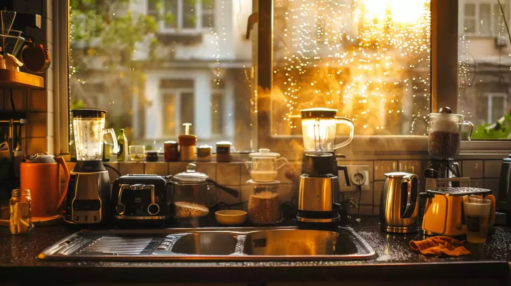 A cluttered kitchen countertop with water droplets, condensation, and steam surrounding various appliances and fixtures, including a toaster, blender, sink, and coffee maker, amidst a warm, golden lighting.