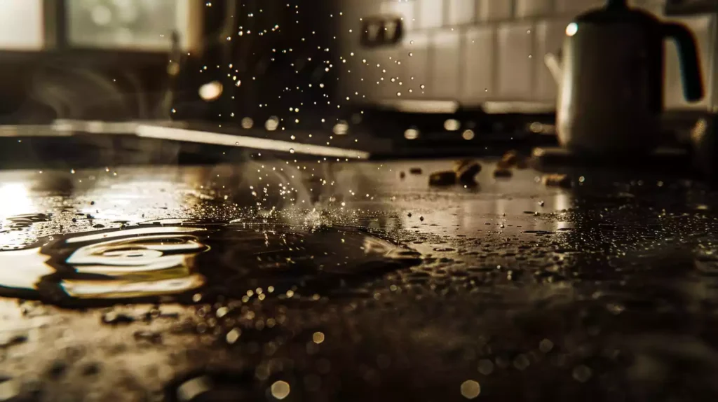 A kitchen countertop with a dark, damp stain spreading from a cracked faucet, surrounded by water droplets, with a few crumbs and spills nearby, and a faint mist of moisture in the air.