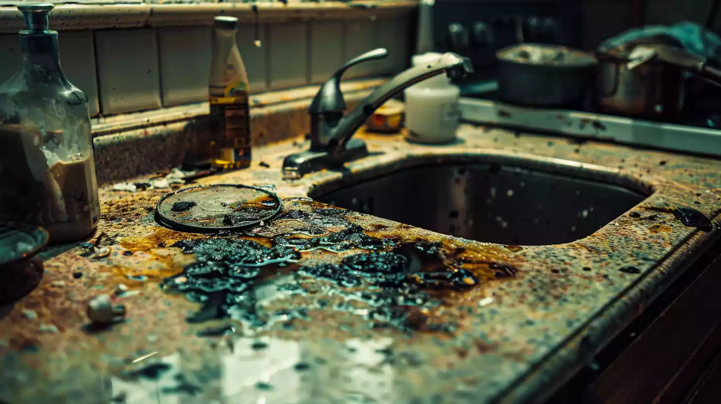 A dimly lit kitchen with a worn, granite countertop, featuring a large, dark green mold stain spreading from the sink, surrounded by water droplets and scattered crumbs.