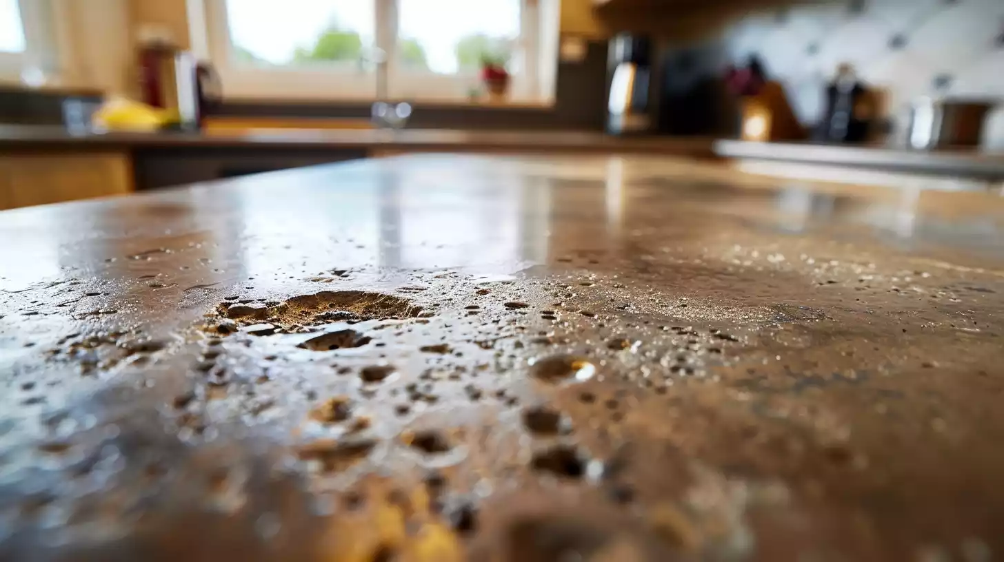 A kitchen countertop with small, deep holes scattered across the surface and shows a close-up view of the pitting.