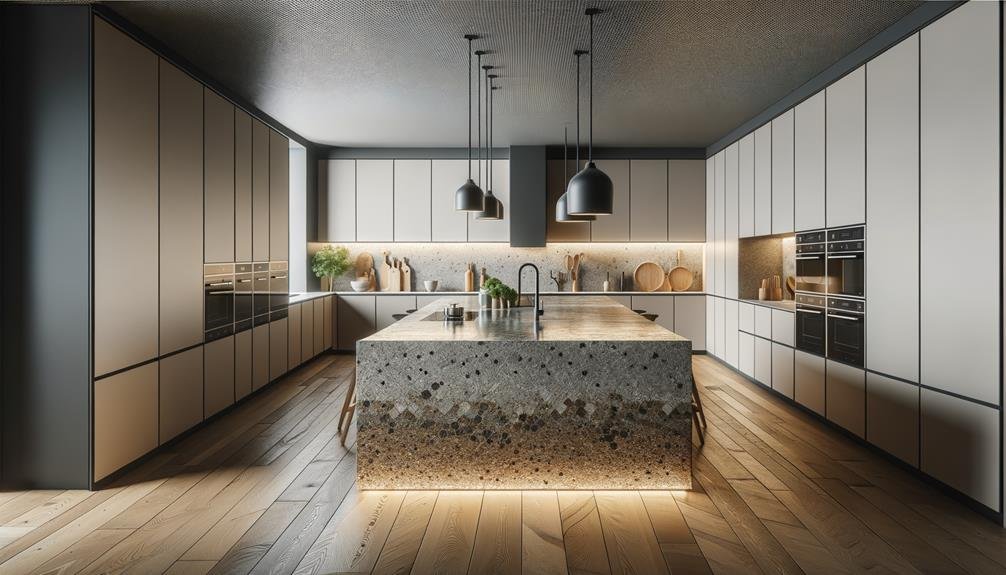 A modern kitchen featuring a contrasting island countertop with unique materials and textures, surrounded by sleek cabinetry and contemporary lighting.