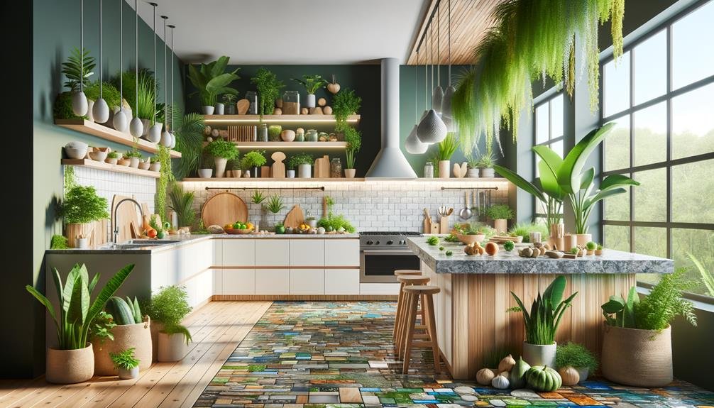 A modern kitchen showcasing countertops made from recycled glass and bamboo with lush green plants accentuating the sustainable vibe. Include diverse eco-friendly materials and finishes with a minimalist style.