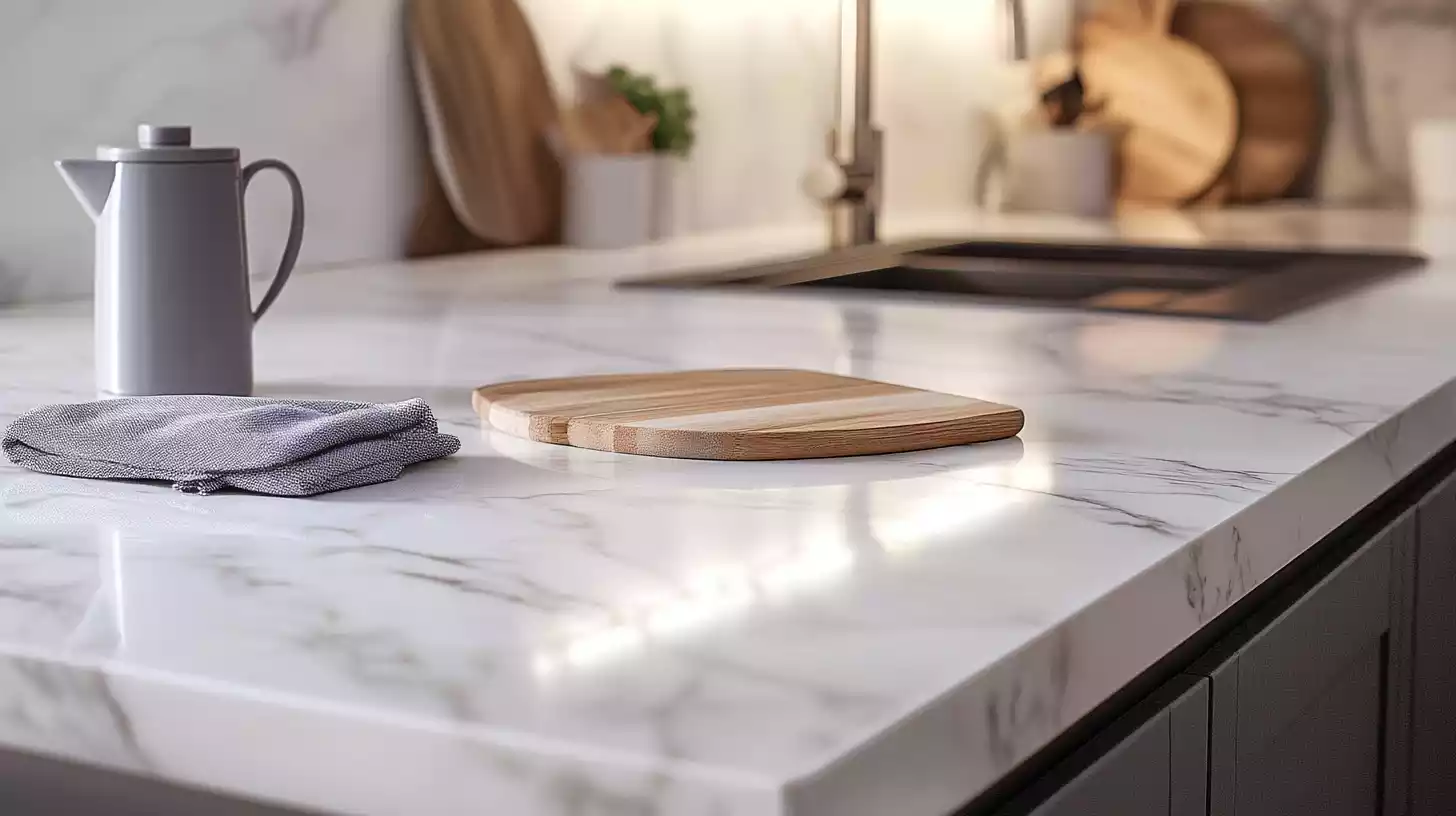Close up of pristine marble countertop with a wooden cutting board, fabric coaster, and microfiber cloth on the counter.