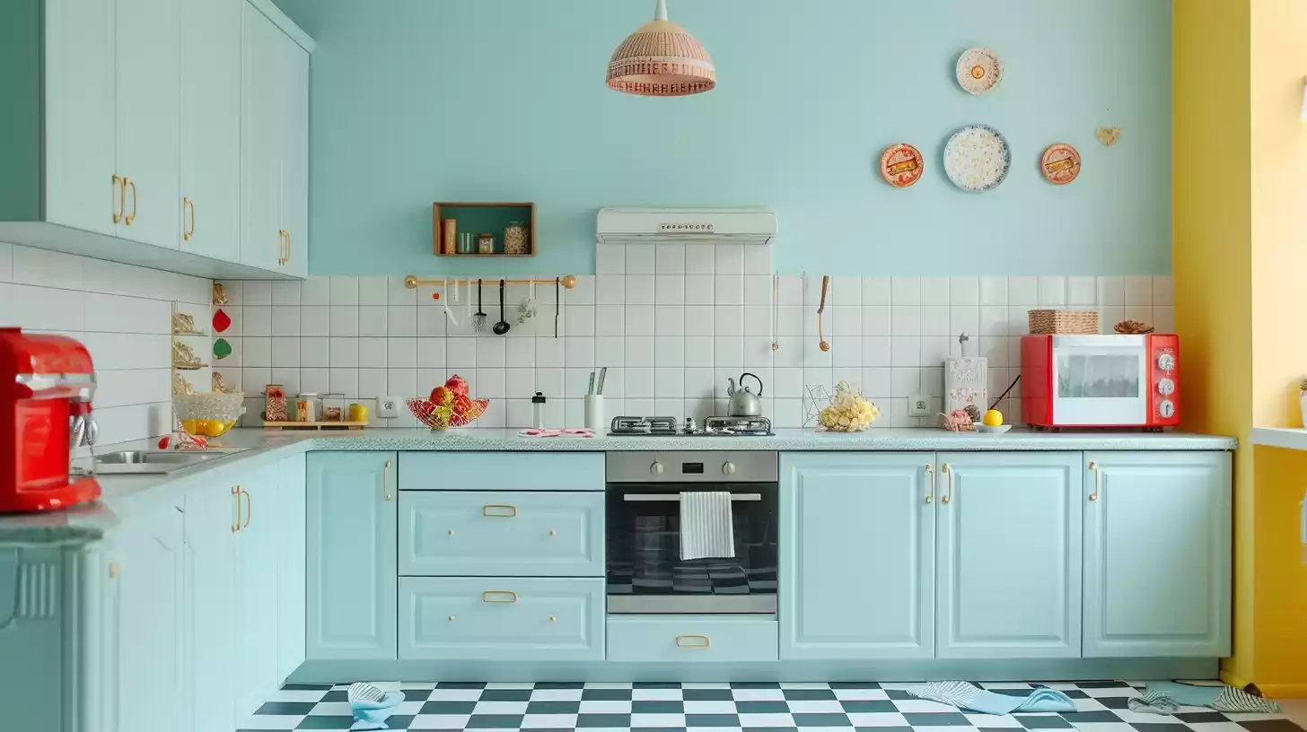 A kitchen with pastel blue cabinets, checkerboard flooring, mint green walls, and pops of cherry red and mustard yellow accents, embodying a charming vintage retro color palette.
