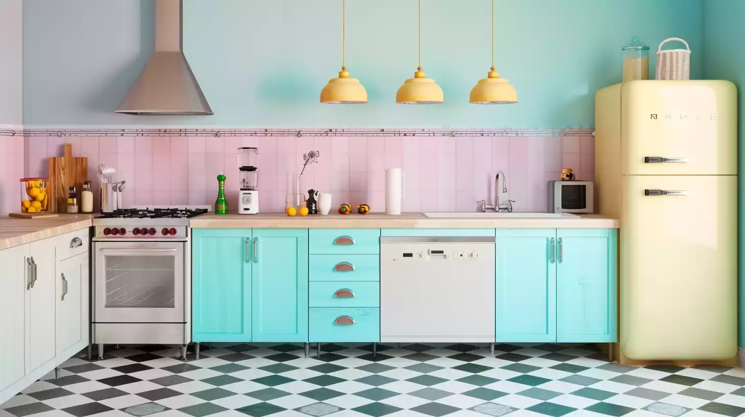 A vibrant retro kitchen with pastel cabinets, a vintage fridge, and modern stainless steel appliances, all harmoniously blended with colorful, patterned tiles and retro-style lighting fixtures.