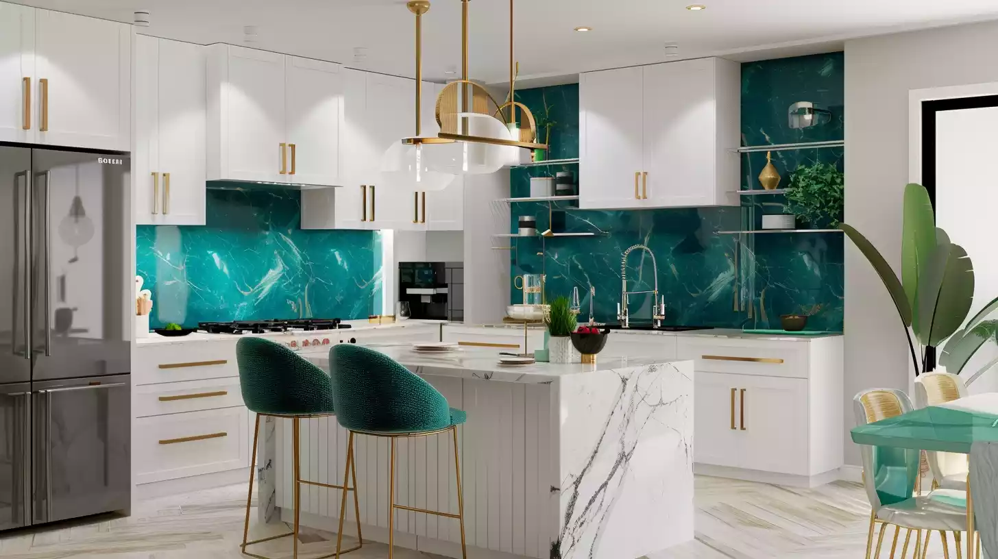 A modern kitchen with sleek white cabinets, marble countertops, and gold hardware. The kitchen has a pop of color with a vibrant teal backsplash and fresh greenery.