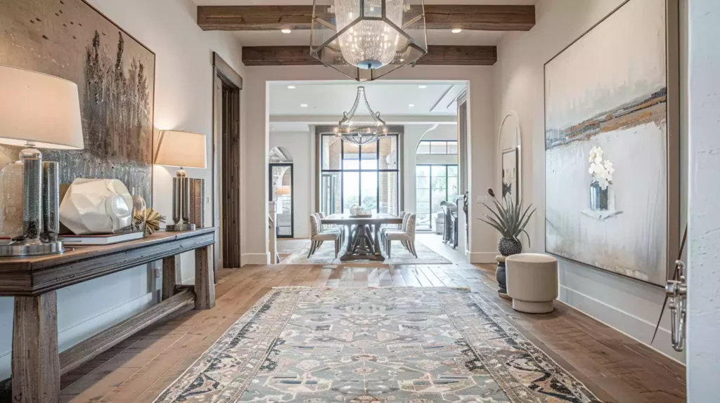 A spacious foyer blending rustic wooden beams with modern glass chandeliers, a vintage console table, contemporary art pieces, and a patterned rug. Soft, natural lighting enhances the ambiance.