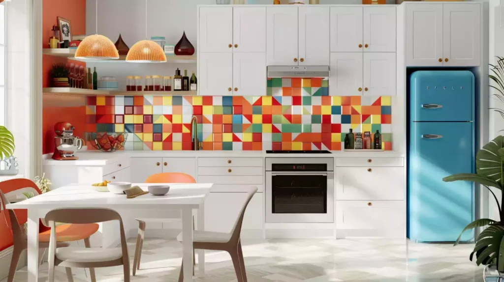 A bright and playful kitchen scene featuring a 1950s-style retro kitchen with bold, colorful tile backsplash in a geometric pattern, contrasting with crisp white cabinets and vintage-inspired appliances.