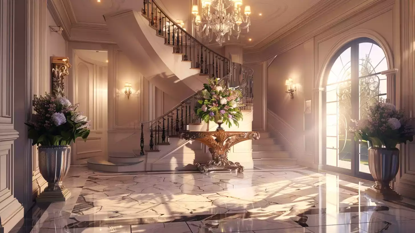 A spacious foyer with a grand staircase, an ornate chandelier, and a large floral arrangement on an elegant console table, with marble floors and soft, ambient lighting.