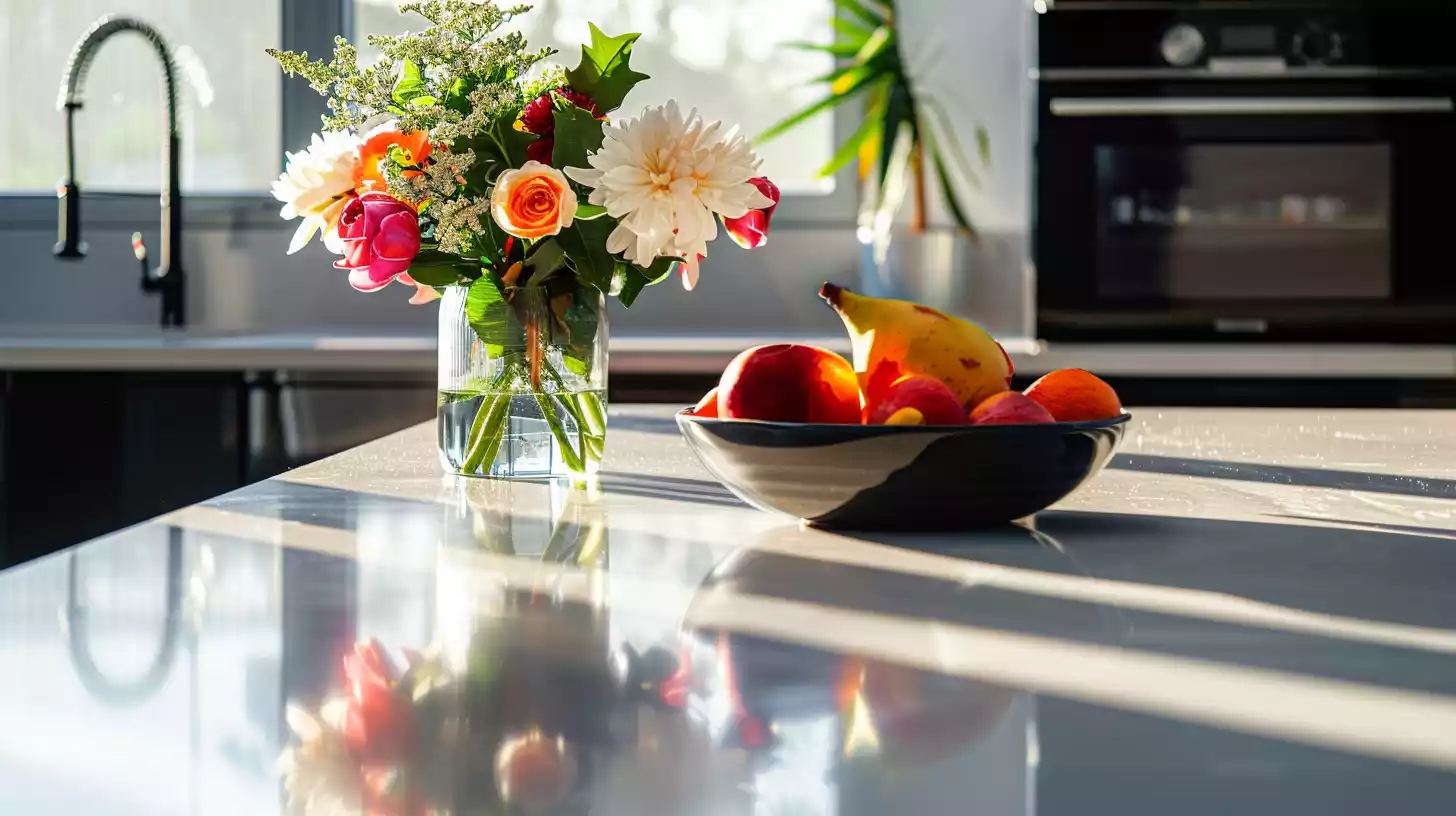 A sleek, modern kitchen featuring glossy porcelain countertops, with sunlight streaming through a window, highlighting a fruit bowl and a vase of fresh flowers on the surface.