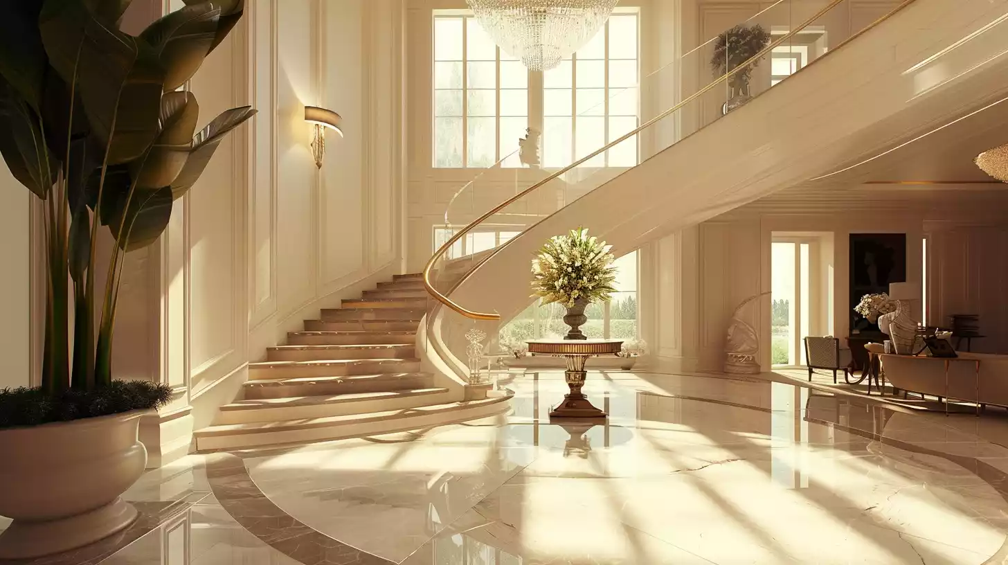 A spacious, elegant foyer featuring a sweeping staircase, a large crystal chandelier, polished marble floors, and a tall potted plant beside a decorative round table with a vase of fresh flowers.