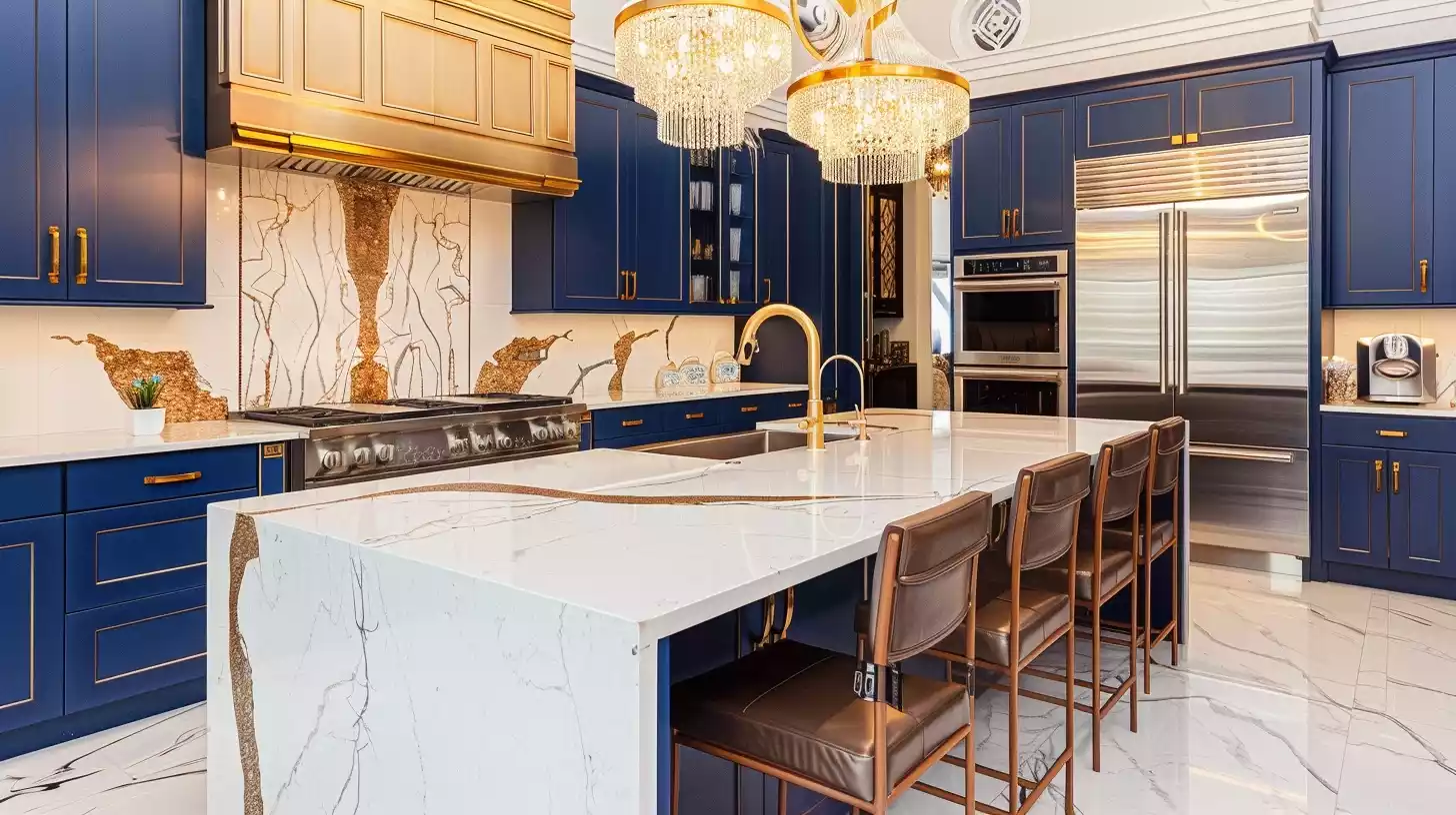 A kitchen with varying shades of blue, white, and gold accents. Include a marble countertop, stainless steel appliances, and wooden cabinets to demonstrate how to match kitchen colors.
