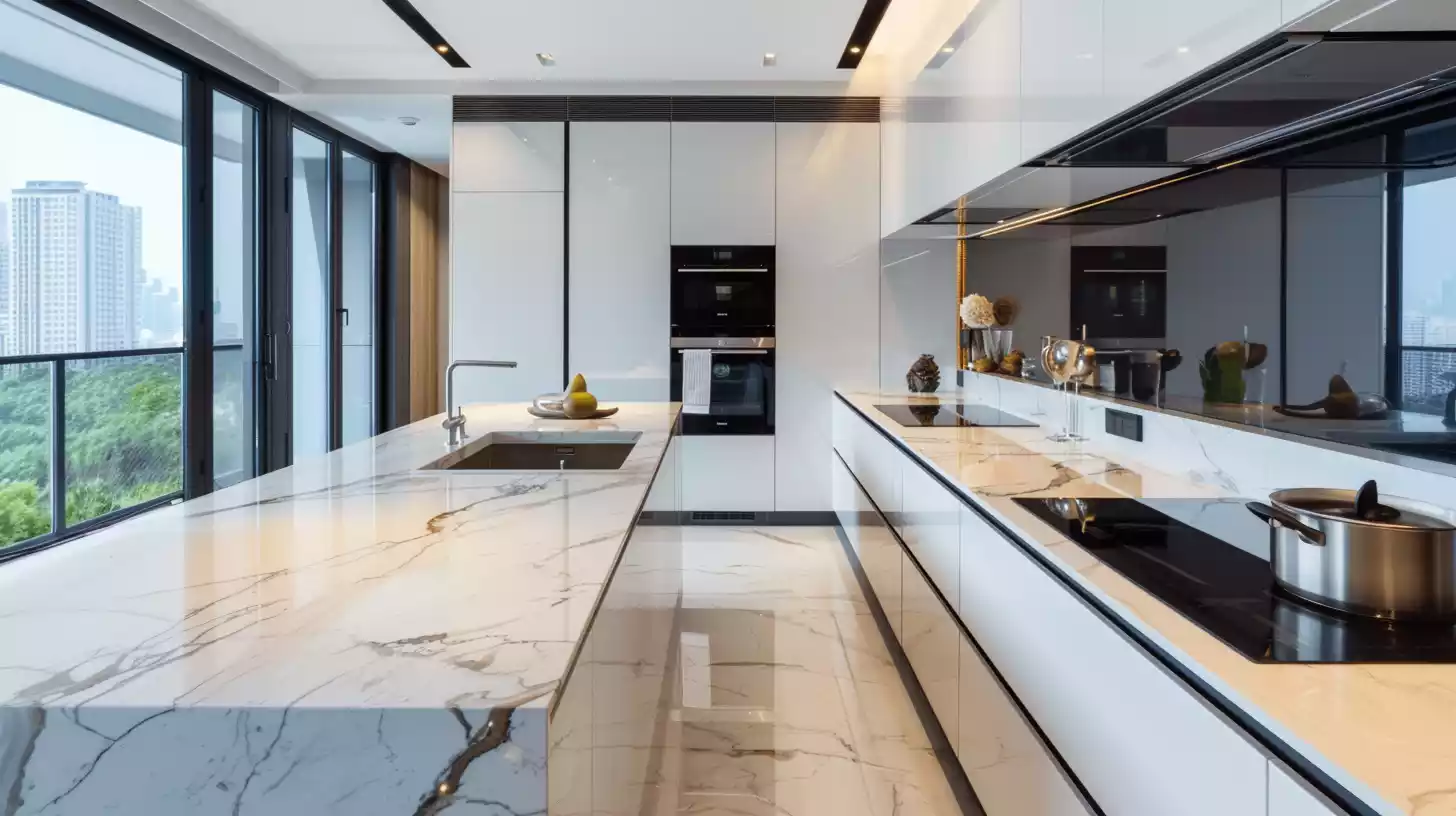 A sleek kitchen with porcelain countertops with stains and scratches visible on the porcelain countertops.