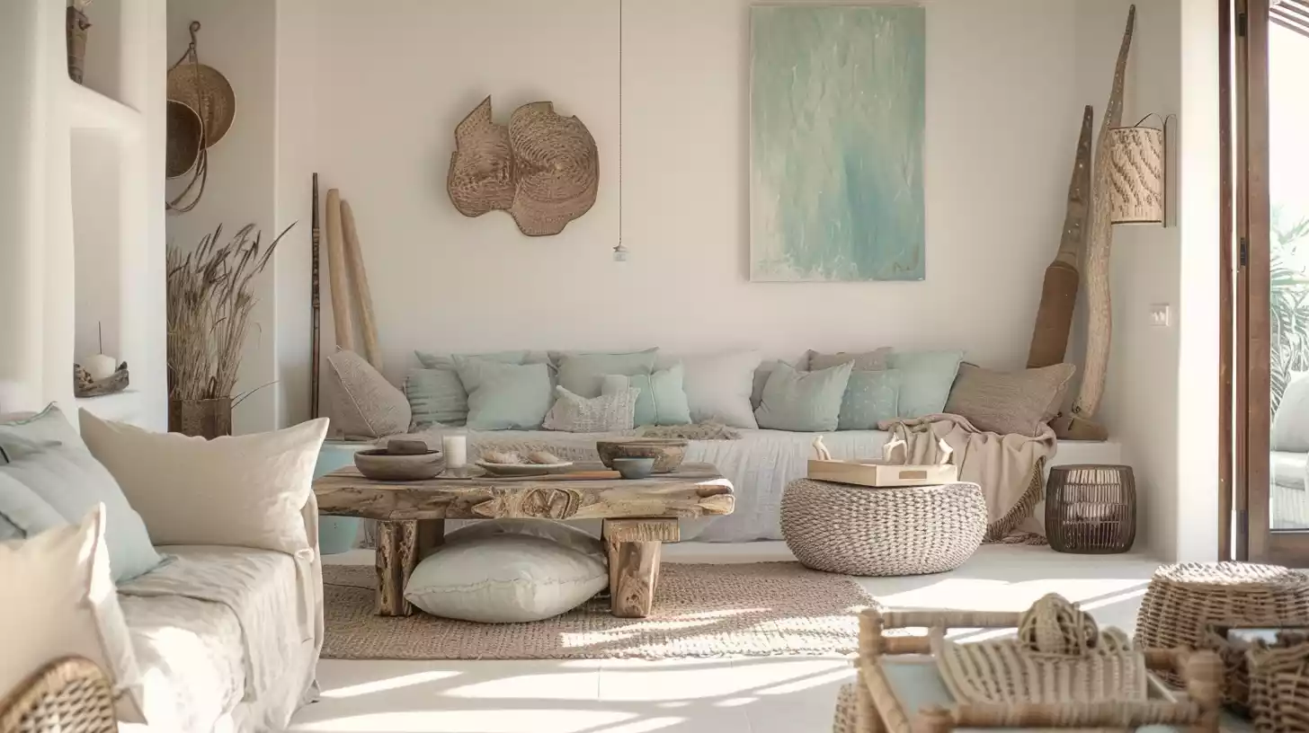 A serene, light-filled interior scene featuring a mix of natural textures: woven sea grass, driftwood, and linen, juxtaposed against crisp white walls and accented with calming turquoise hues.