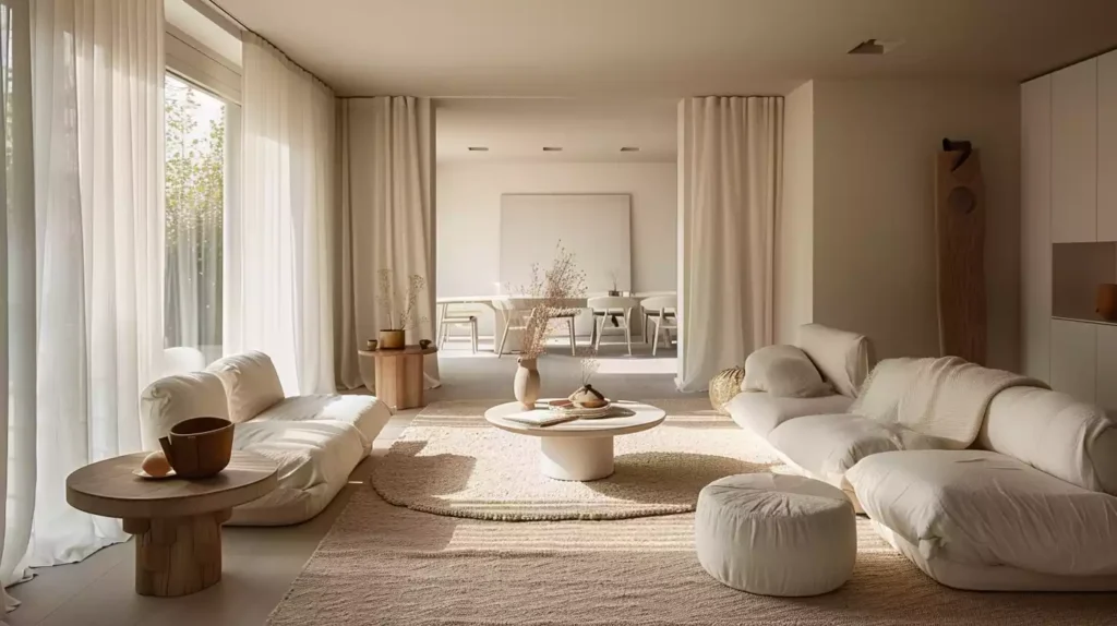 A well lit living room with a few, carefully placed decorative items, a minimalist coffee table, and a plush, clutter-free area rug, surrounded by a subtle, calming color palette.