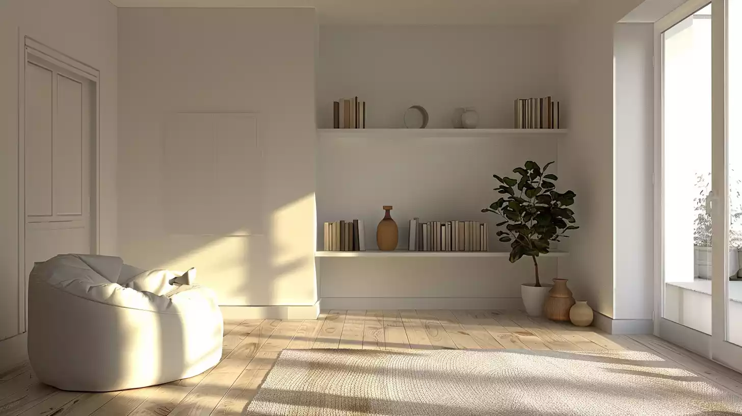 A serene, minimalist living room with a few, carefully-placed decorative items, a tidy bookshelf, and a calm color palette, surrounded by empty, uncluttered space.