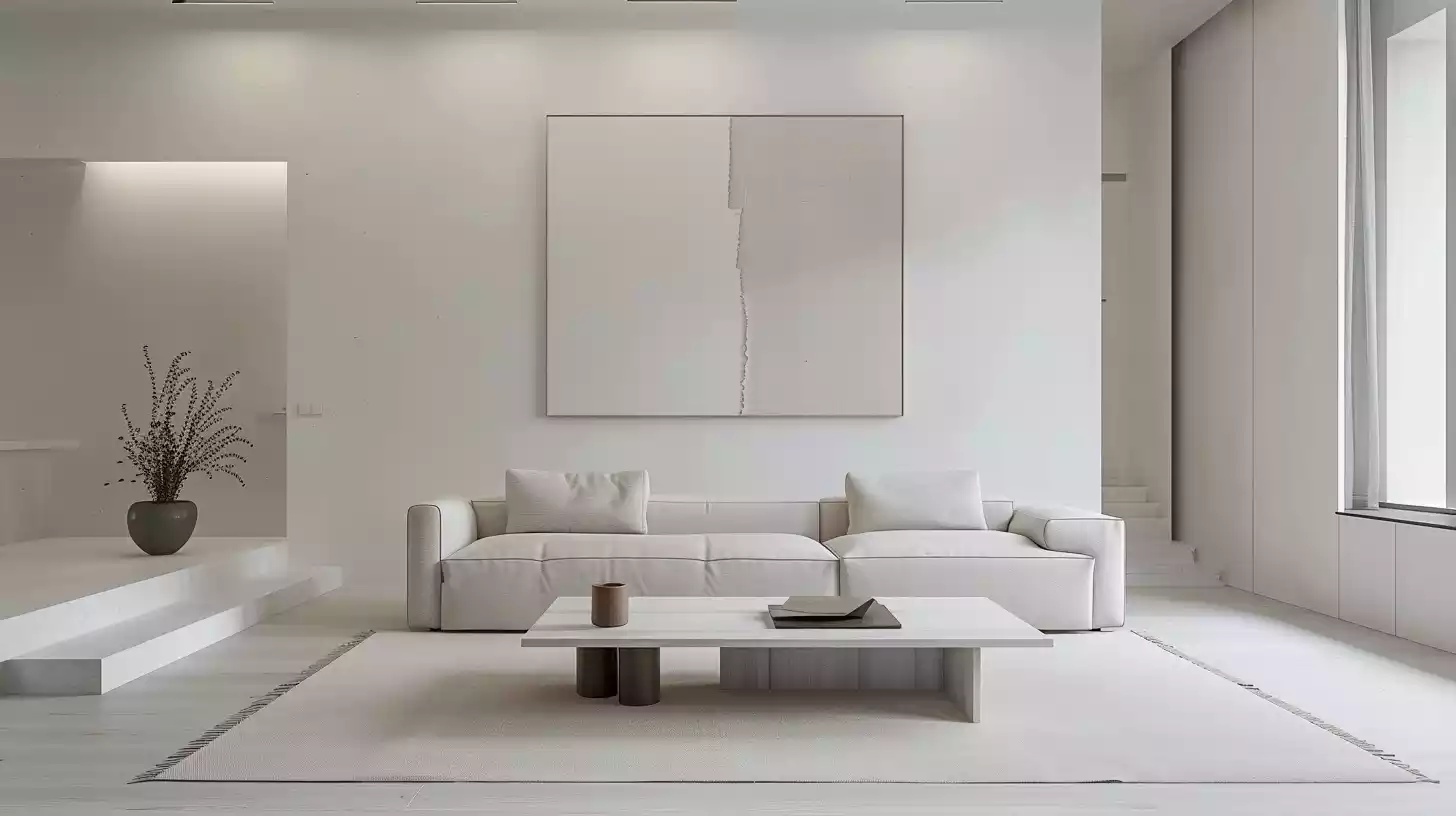 A serene, monochromatic living room with a sleek, low-profile sofa in a neutral tone, paired with a minimalist coffee table and a few, carefully placed, modern art pieces on a stark white wall.
