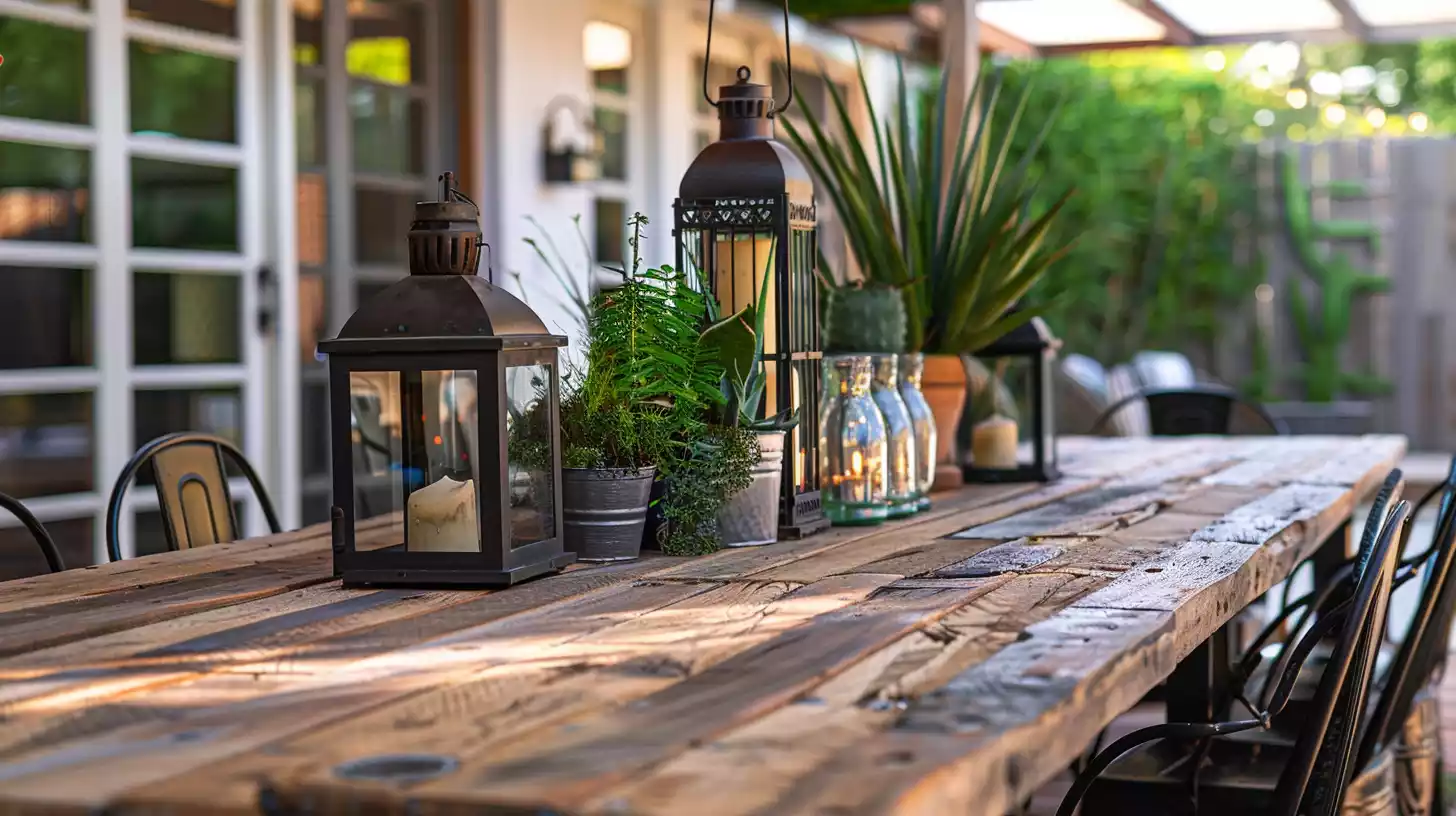A warm and inviting scene featuring a distressed wood dining table, adorned with vintage metal lanterns, surrounded by mismatched chairs, and set against a backdrop of reclaimed wooden planks and lush greenery.