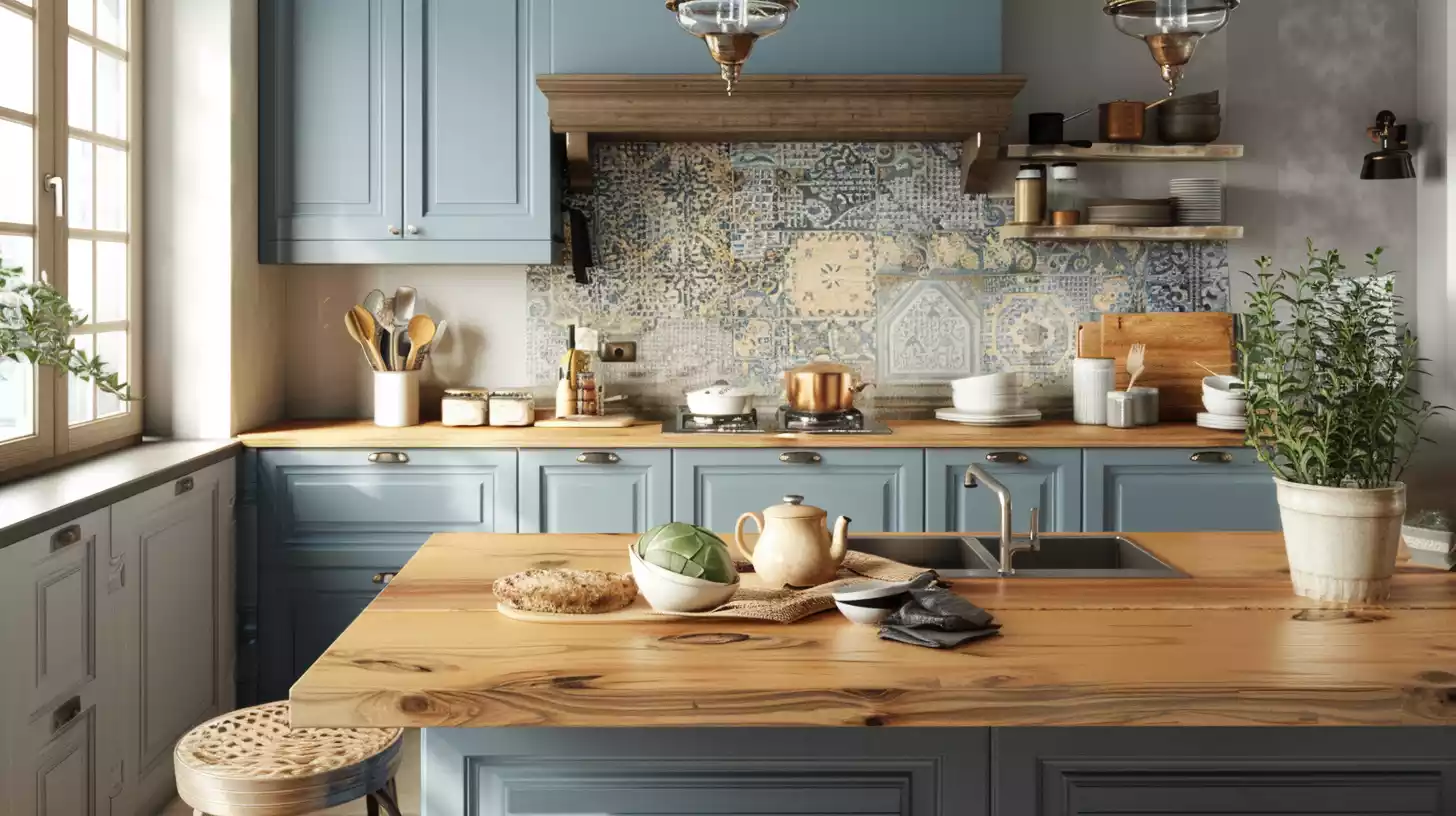 A clutter-free, well-lit kitchen with various DIY countertop materials: a butcher block island, a concrete countertop with a built-in sink, and a wooden countertop with a decorative tile inlay.
