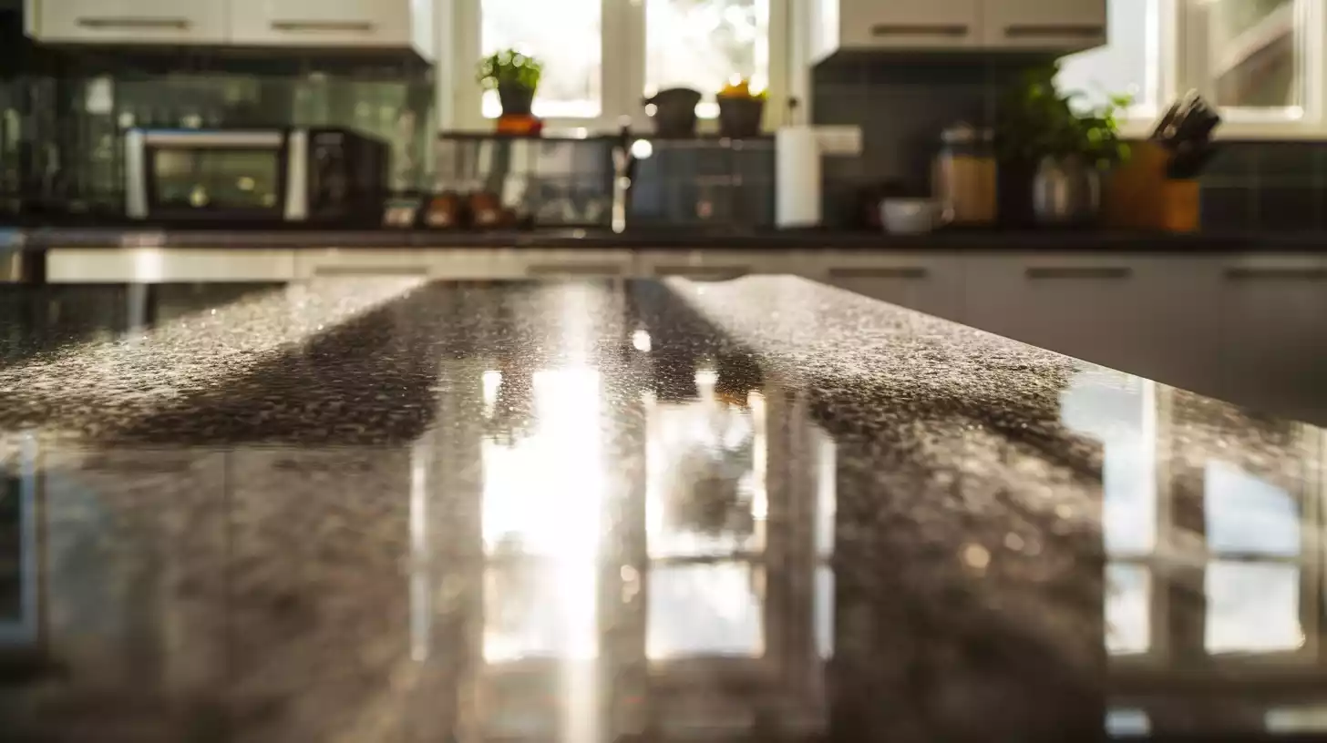 A sleek, granite countertop stretches across the frame, its smooth surface reflecting the warm light of a modern kitchen. Subtle shadows cast by appliances add depth and dimension.