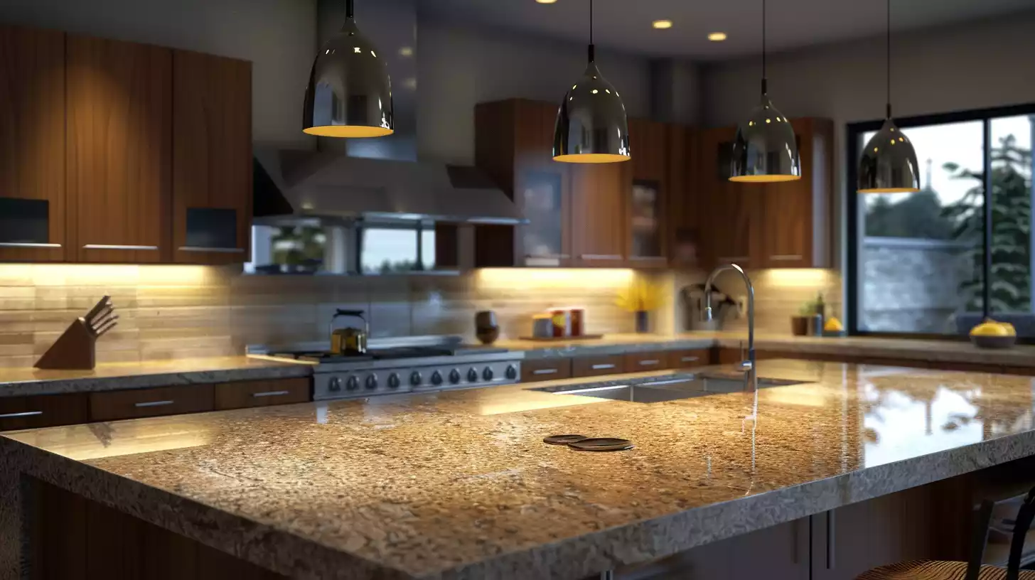 A sleek, granite countertop stretching across a modern kitchen, its smooth surface reflecting the warm glow of pendant lights suspended overhead.