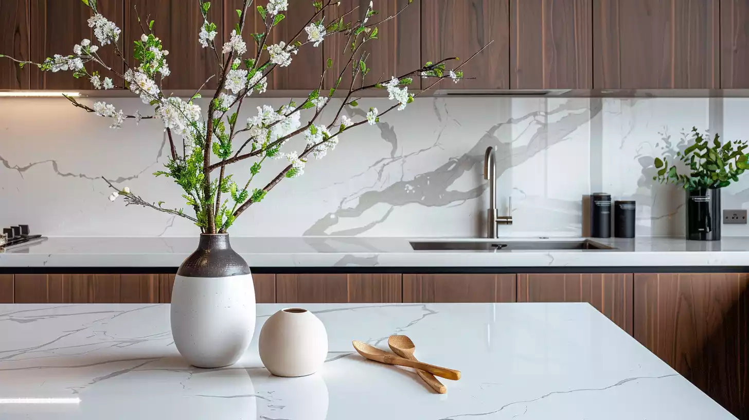A beautifully styled kitchen with a large, bright white marble island countertop, surrounded by dark wood cabinets, with a few decorative kitchen utensils and a vase with fresh greenery on the counter.