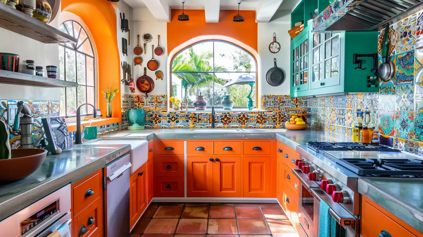 A bright, airy kitchen with vibrant yet harmonious color schemes, showcasing tiled backsplashes, painted cabinets, and carefully coordinated countertops.