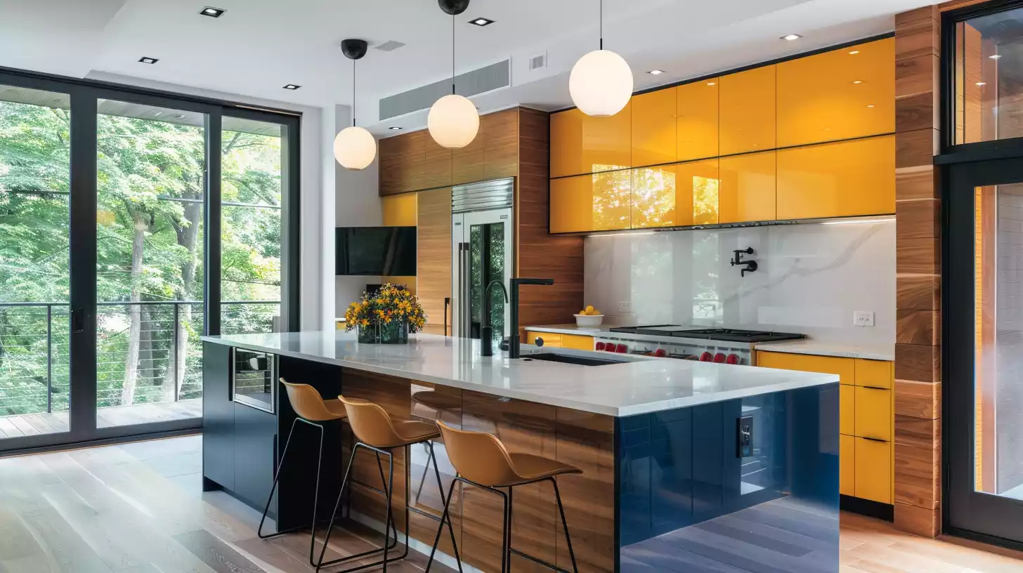 A modern kitchen with sleek, high-gloss cabinets in a bold, deep blue hue, paired with warm, honey-toned wood accents and a statement island in a vibrant, sunny yellow.