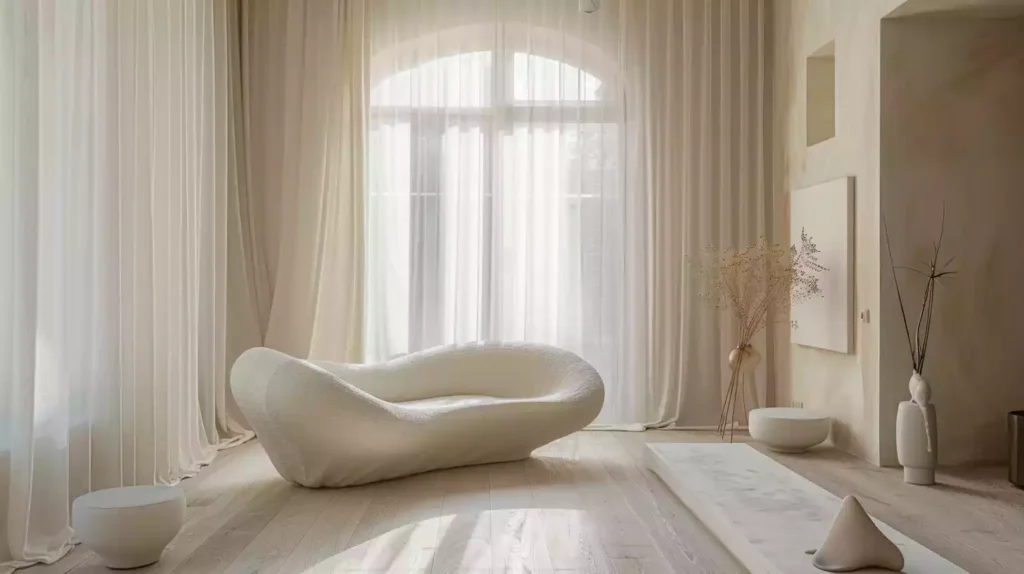 A bright, airy living room with cream-colored walls, pale wooden floors, and minimal furniture, featuring a slender, curved sofa in a light beige fabric, surrounded by sheer white curtains and plenty of natural light.
