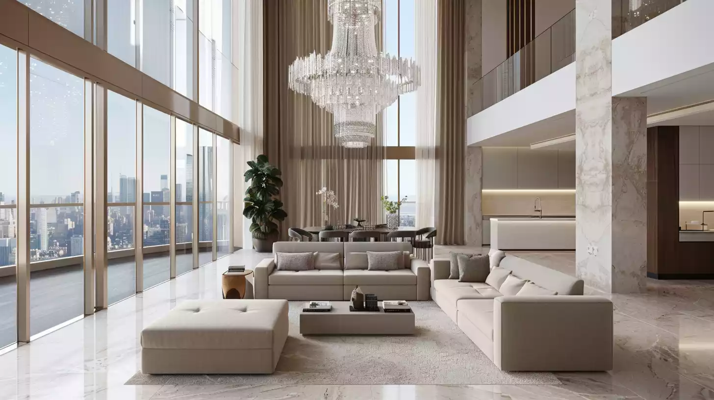 A serene, high-ceilinged penthouse interior with creamy marble floors, velvet sofas in muted beige, and a show-stopping crystal chandelier suspended above a sleek, minimalist coffee table.
