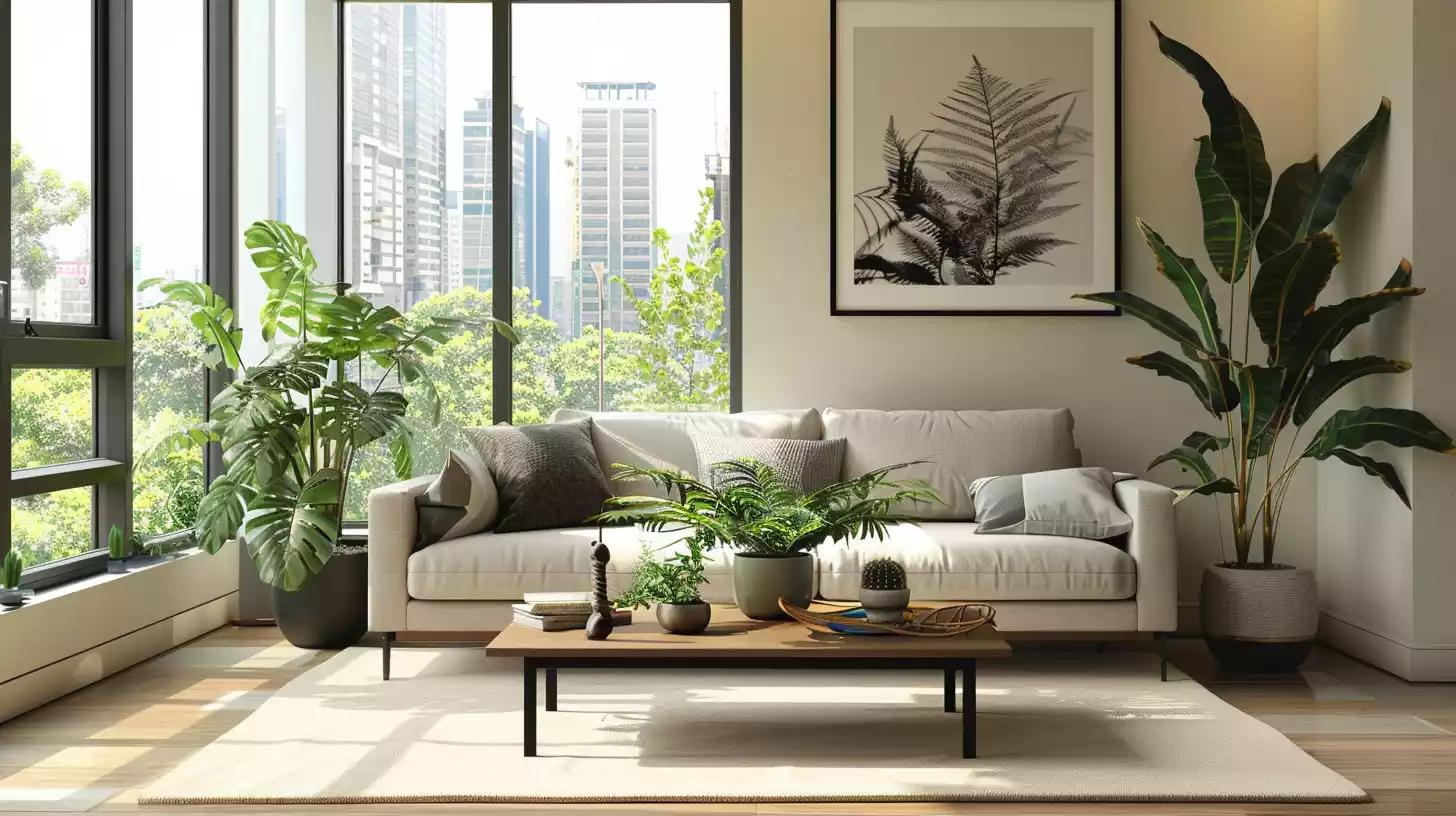 A minimalist living room with a small footprint, featuring a sleek, low-profile sofa in a light gray tone, paired with a compact, wooden coffee table and a few, carefully-placed potted plants.