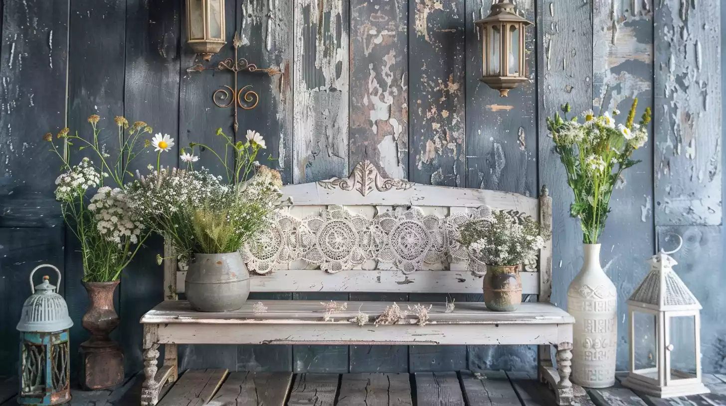 A serene, dreamy scene featuring a distressed wooden bench adorned with vintage lace, surrounded by mismatched vintage vases, distressed lanterns, and a few carefully placed wildflowers on a rustic wooden table.