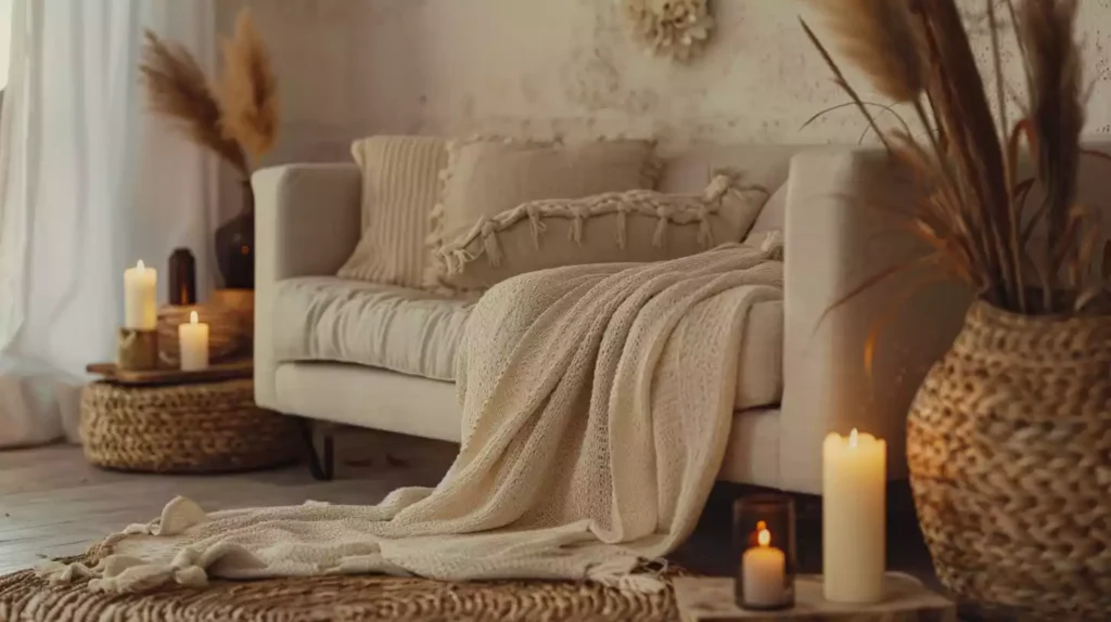 A serene, minimalist interior scene featuring a plush, oatmeal-colored throw blanket draped over a sleek, low-profile sofa, surrounded by warm, candlelit accents and a few, carefully placed, woven baskets.