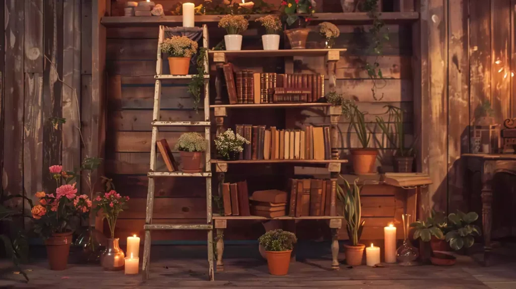 A warm and inviting room with a distressed vintage ladder repurposed as a bookshelf, adorned with potted flowers, vintage books, and soft candlelight, set against a rustic wooden wall.
